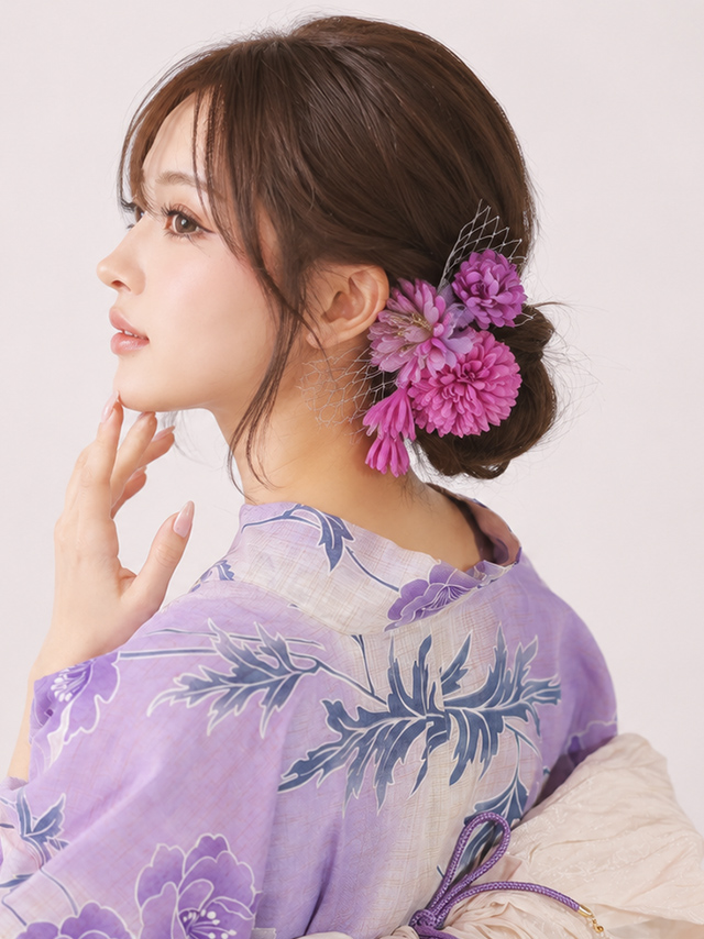 浴衣小物 プチプラ 髪飾り チュールネット ポンポン 花 レトロ
