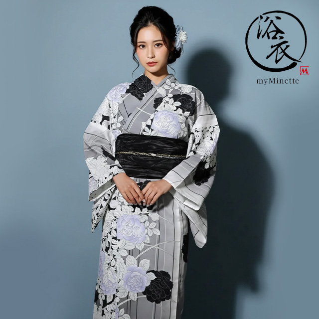 妖艶 ベージュ地にヴィンテージフラワー ゆかた3点セット