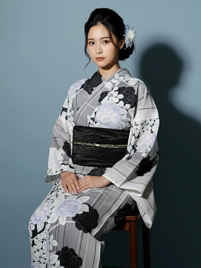 妖艶 ベージュ地にヴィンテージフラワー ゆかた3点セット