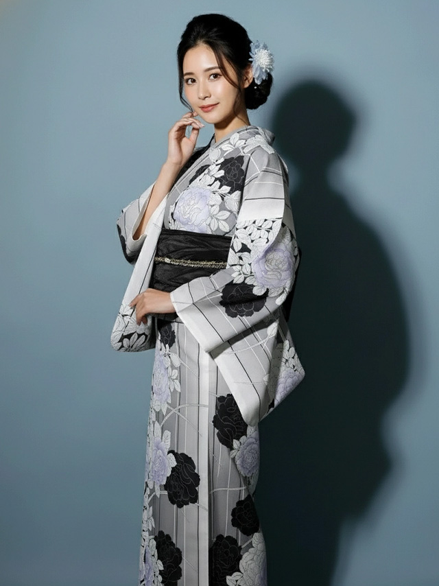 妖艶 ベージュ地にヴィンテージフラワー ゆかた3点セット