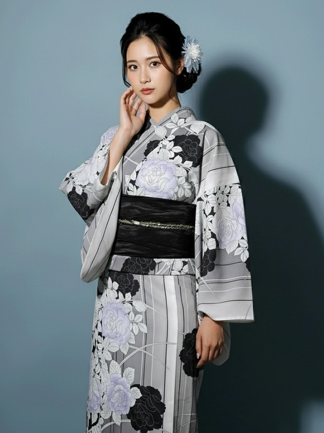 妖艶 ベージュ地にヴィンテージフラワー ゆかた3点セット