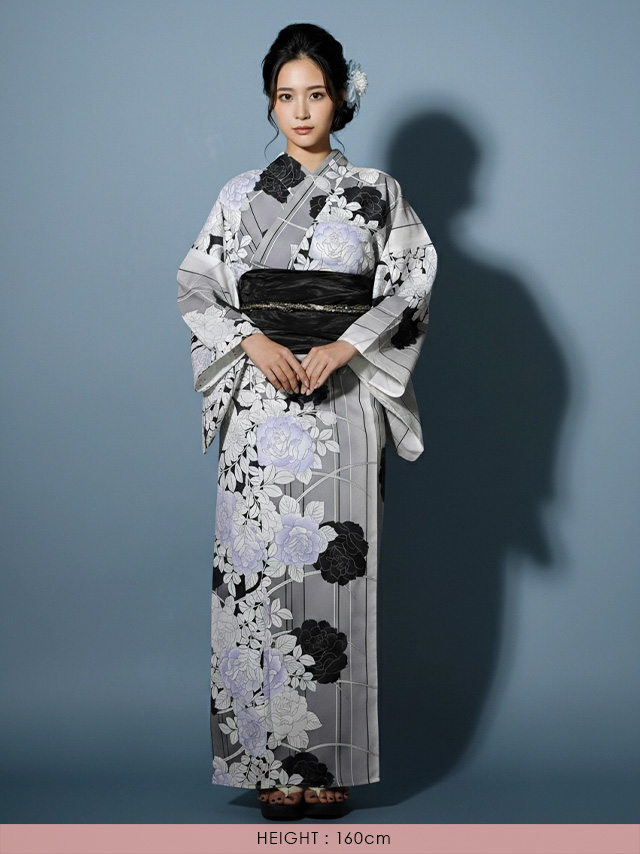 妖艶 ベージュ地にヴィンテージフラワー ゆかた3点セット