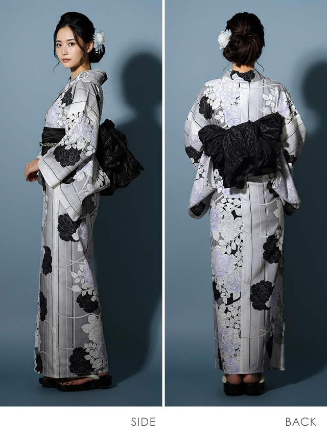 妖艶 ベージュ地にヴィンテージフラワー ゆかた3点セット