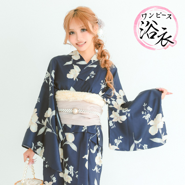 浴衣 プチプラ 3点セット ワンピース 2way 古典レトロ アンティーク ネイビー