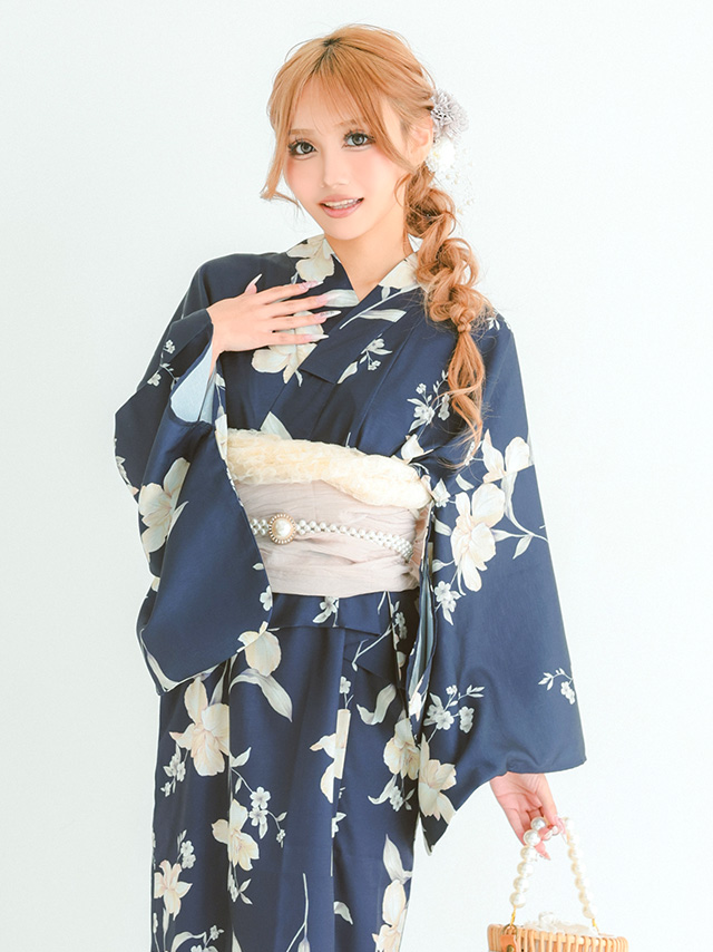 浴衣 プチプラ 3点セット ワンピース 2way 古典レトロ アンティーク ネイビー