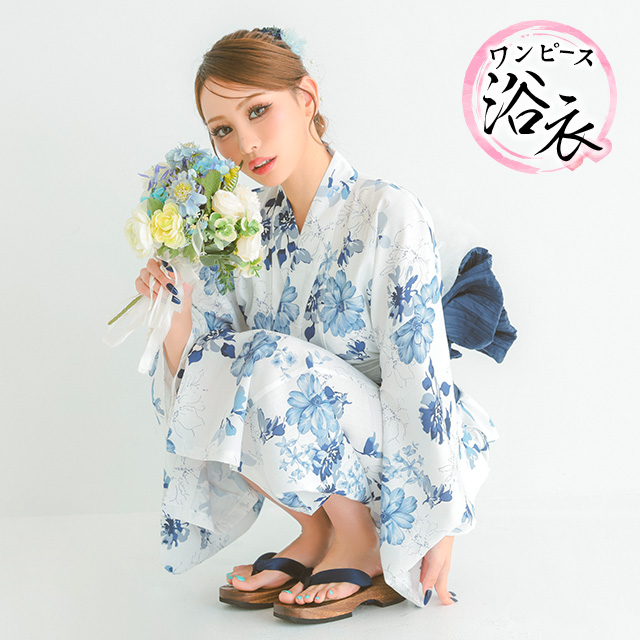 浴衣プチプラ3点セットワンピース2way水彩SWEET青