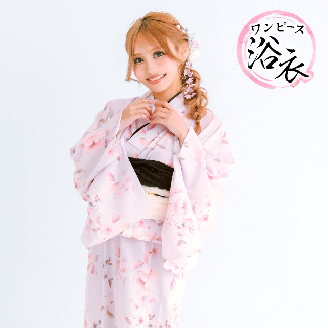 浴衣 プチプラ 3点セット ワンピース2way ストライプ 花柄 水彩 SWEET ピンク