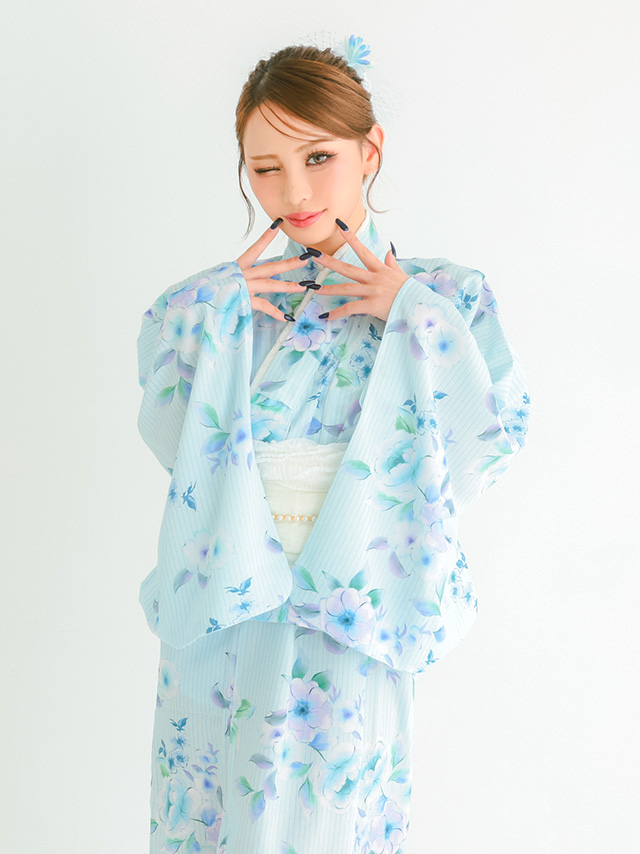 浴衣 プチプラ 3点セット ワンピース2way ストライプ 花柄 水彩 SWEET 水色 ブルベ