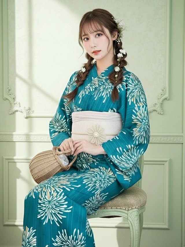 妖艶 ベージュ地にヴィンテージフラワー ゆかた3点セット