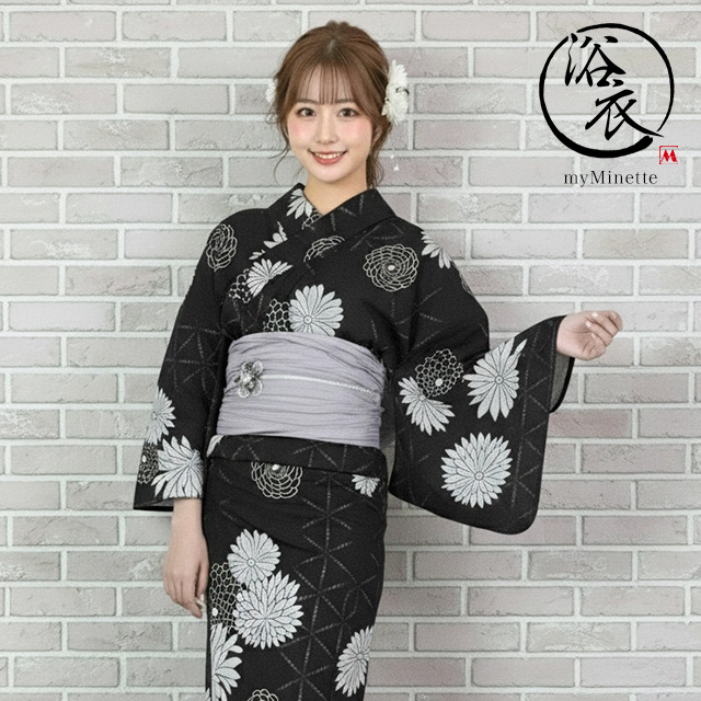 妖艶 ベージュ地にヴィンテージフラワー ゆかた3点セット