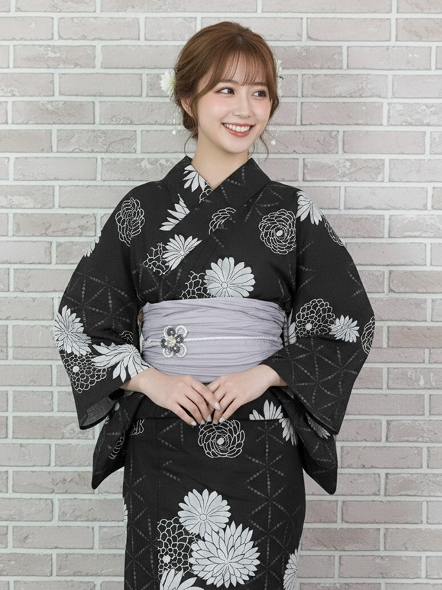 妖艶 ベージュ地にヴィンテージフラワー ゆかた3点セット