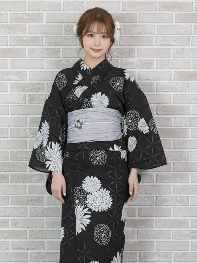 妖艶 ベージュ地にヴィンテージフラワー ゆかた3点セット