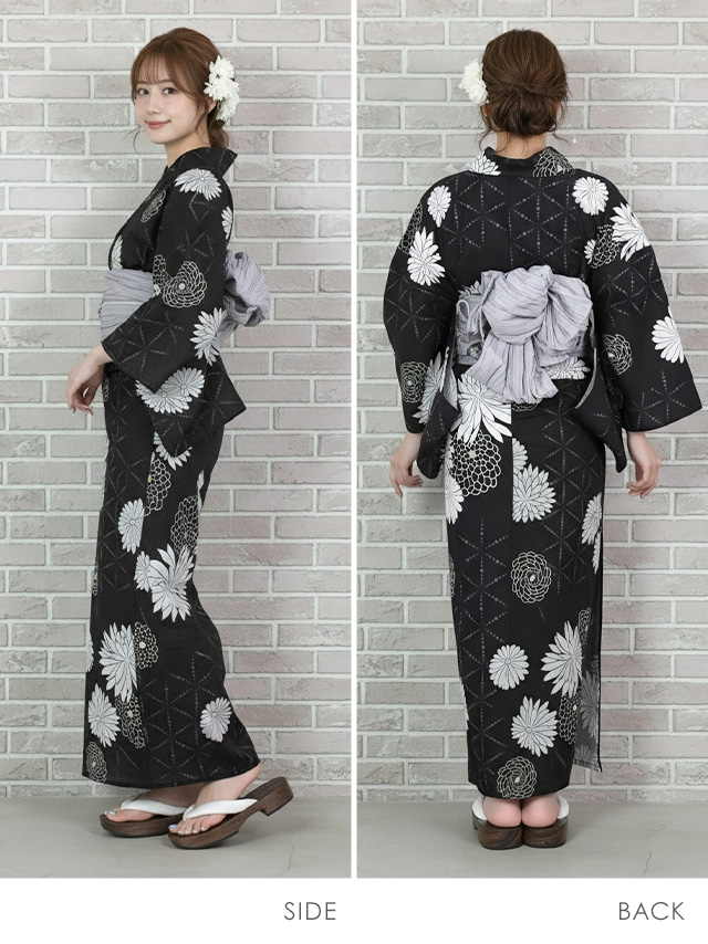 妖艶 ベージュ地にヴィンテージフラワー ゆかた3点セット