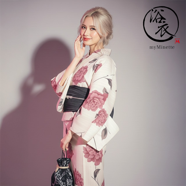 妖艶 ベージュ地にヴィンテージフラワー ゆかた3点セット