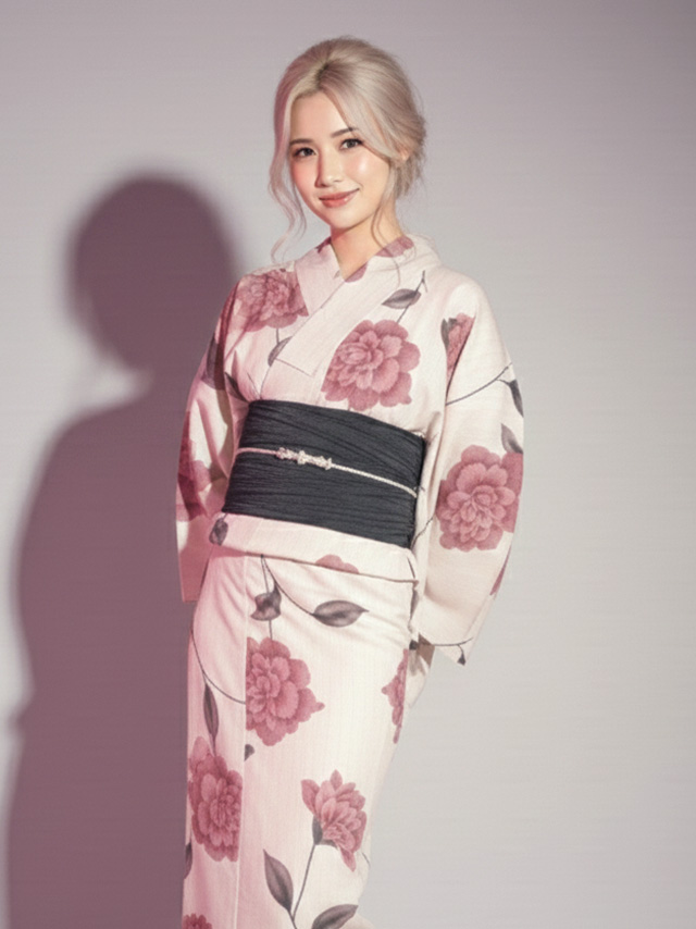 妖艶 ベージュ地にヴィンテージフラワー ゆかた3点セット