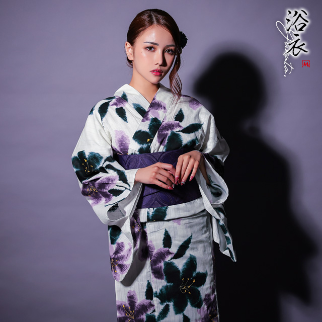 浴衣 粋 白地 水墨 百合 3点セット