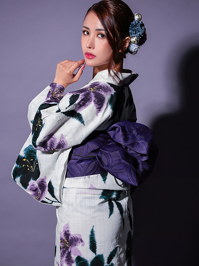 浴衣 粋 白地 水墨 百合 3点セットの2枚目