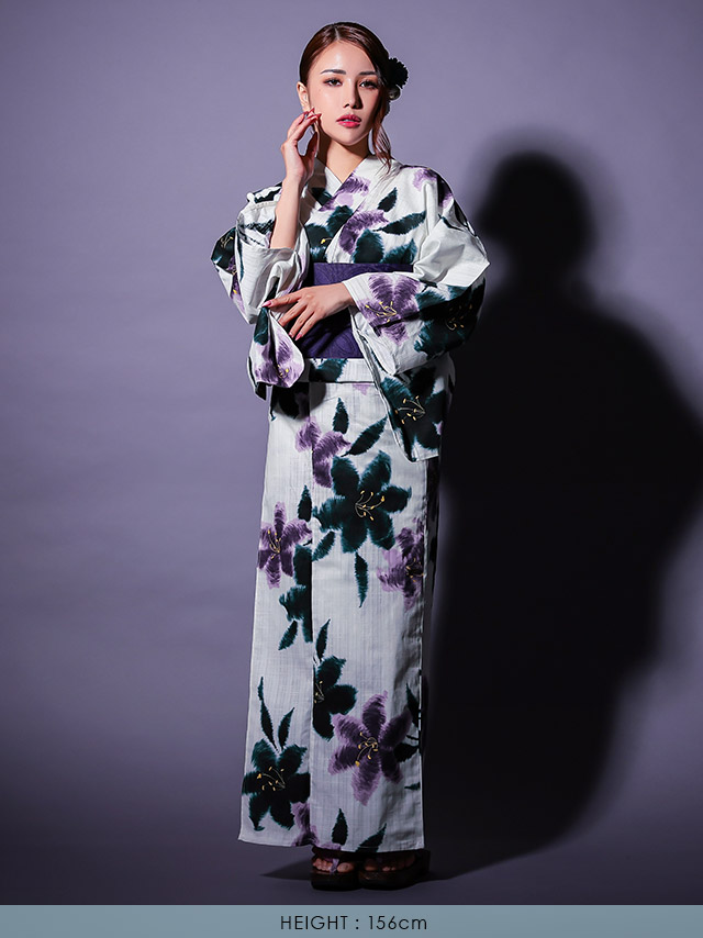 浴衣 粋 白地 水墨 百合 3点セットのフロント