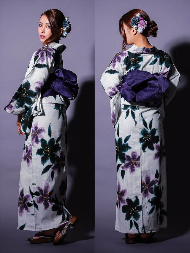 浴衣 粋 白地 水墨 百合 3点セットのサイドバック