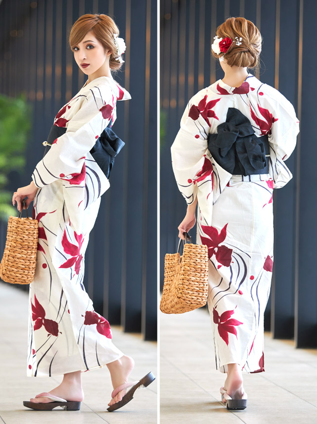 レトロ クリーム地に流水紋と優雅な金魚 ゆかた2点セット