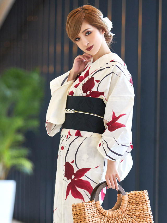 レトロ クリーム地に流水紋と優雅な金魚 ゆかた2点セット