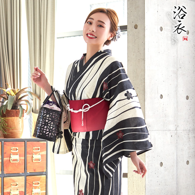 レトロ生成り地×よろけ縞に椿 ゆかた2点セットのメイン画像