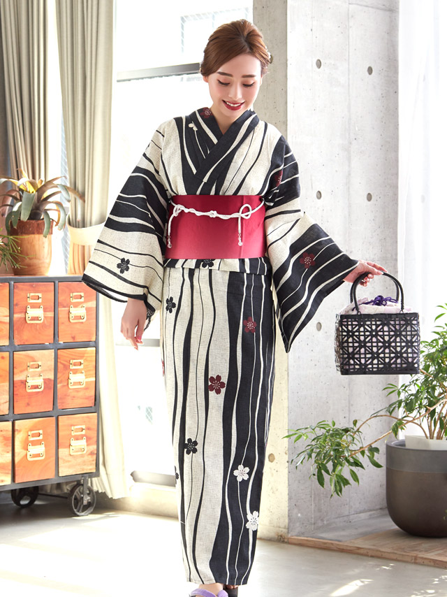 レトロ生成り地×よろけ縞に椿 ゆかた2点セットのイメージ画像2