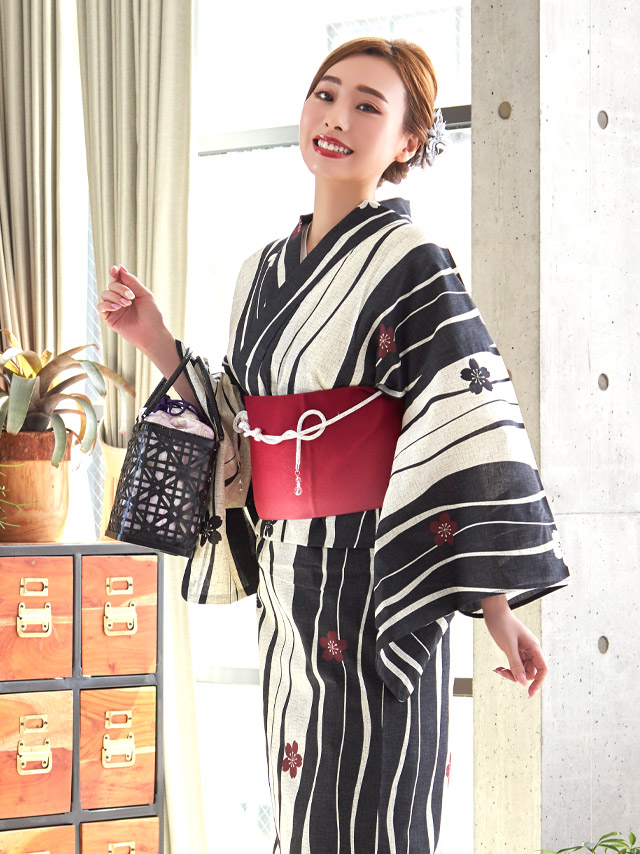 レトロ生成り地×よろけ縞に椿 ゆかた2点セットのイメージ画像3