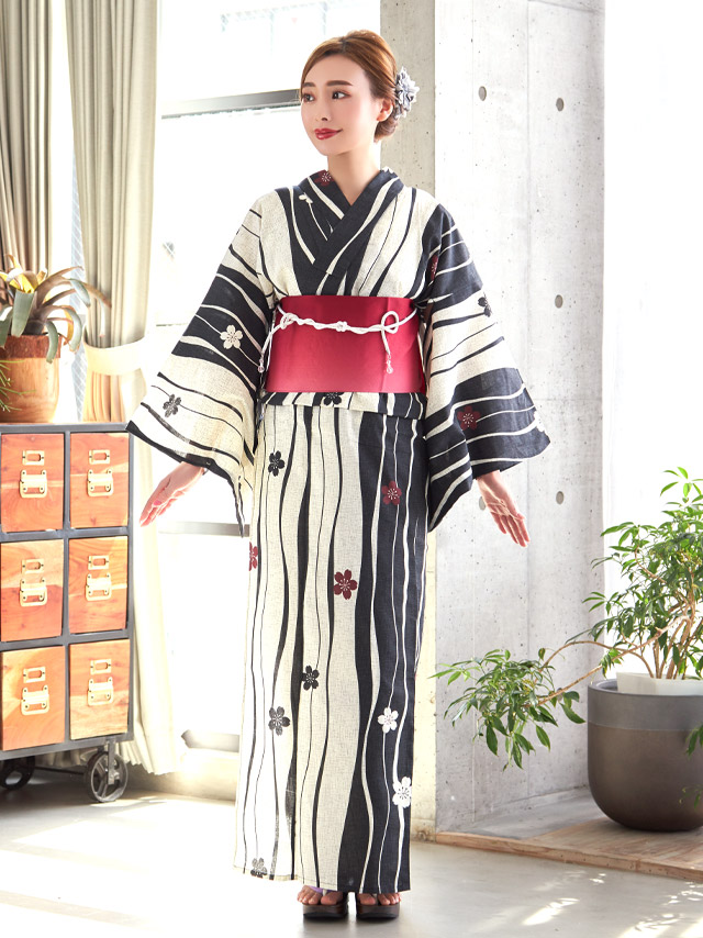 レトロ生成り地×よろけ縞に椿 ゆかた2点セットのフロント画像