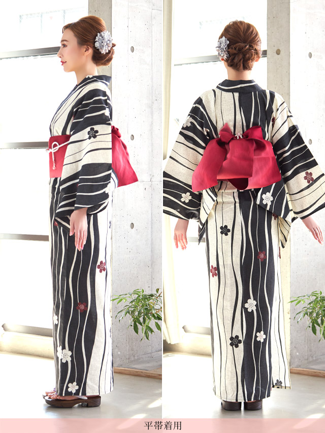 レトロ生成り地×よろけ縞に椿 ゆかた2点セットのサイドバック画像1