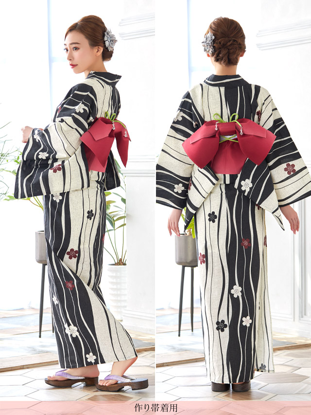 レトロ生成り地×よろけ縞に椿 ゆかた2点セットのサイドバック画像2