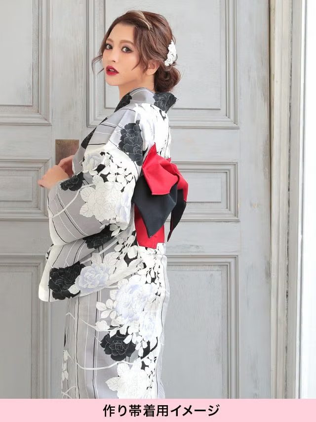 レトログレーに薔薇モノクロ ゆかた2点セット