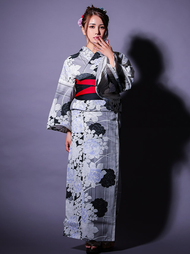 縦縞 モノトーン 薔薇 粋シリーズ ゆかた 2点セットの3枚目