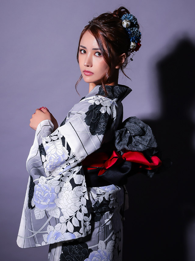 縦縞 モノトーン 薔薇 粋シリーズ ゆかた 2点セットの4枚目