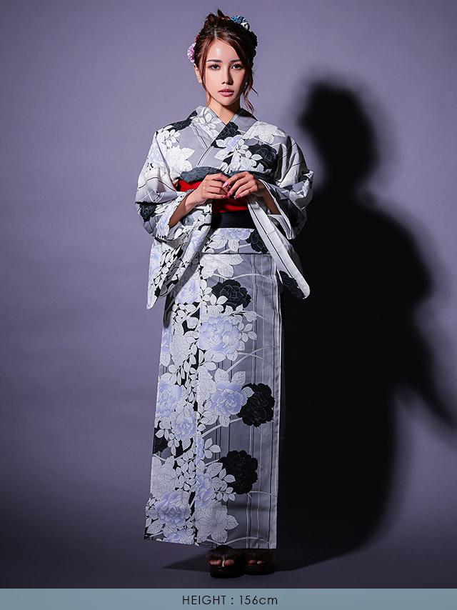 縦縞 モノトーン 薔薇 粋シリーズ ゆかた 2点セットのフロント