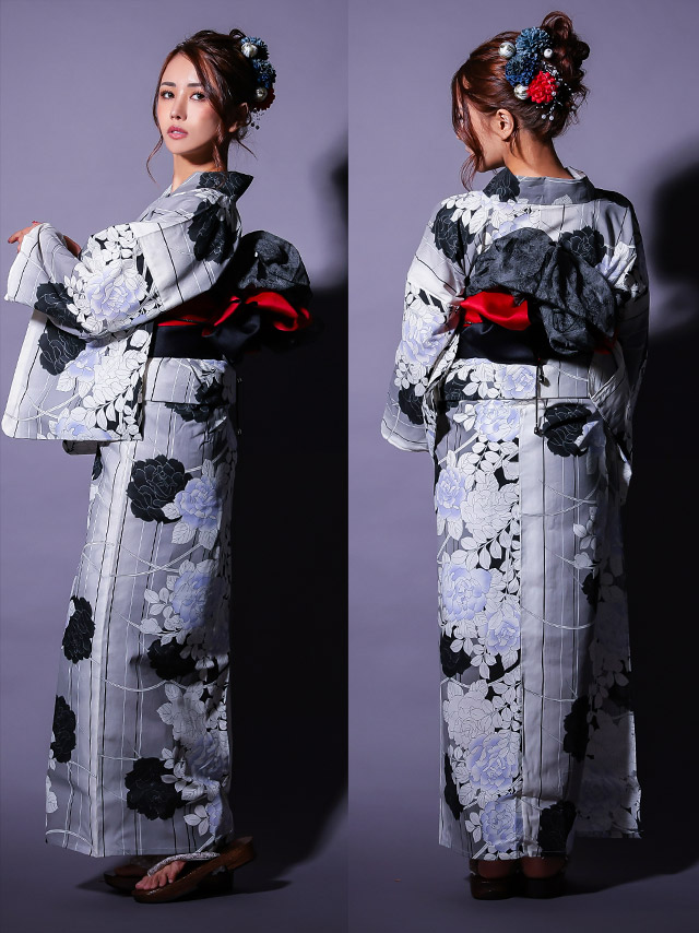 縦縞 モノトーン 薔薇 粋シリーズ ゆかた 2点セットのサイドバック