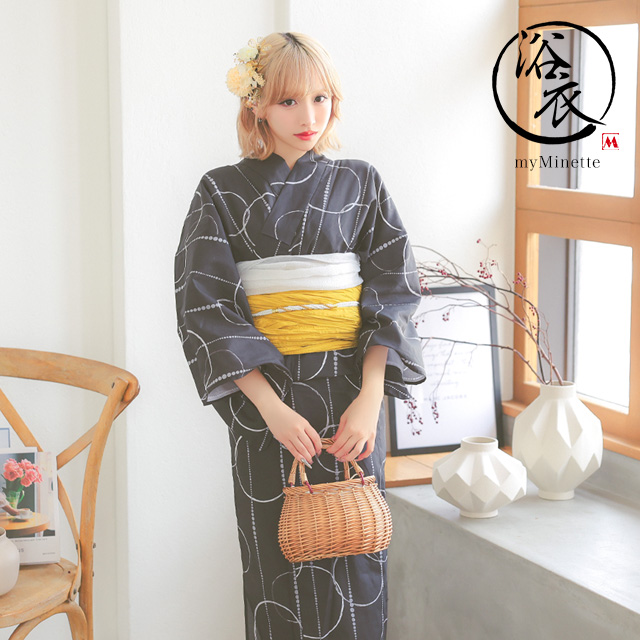 レトロ モダン サークル柄 ゆかた 3点セット