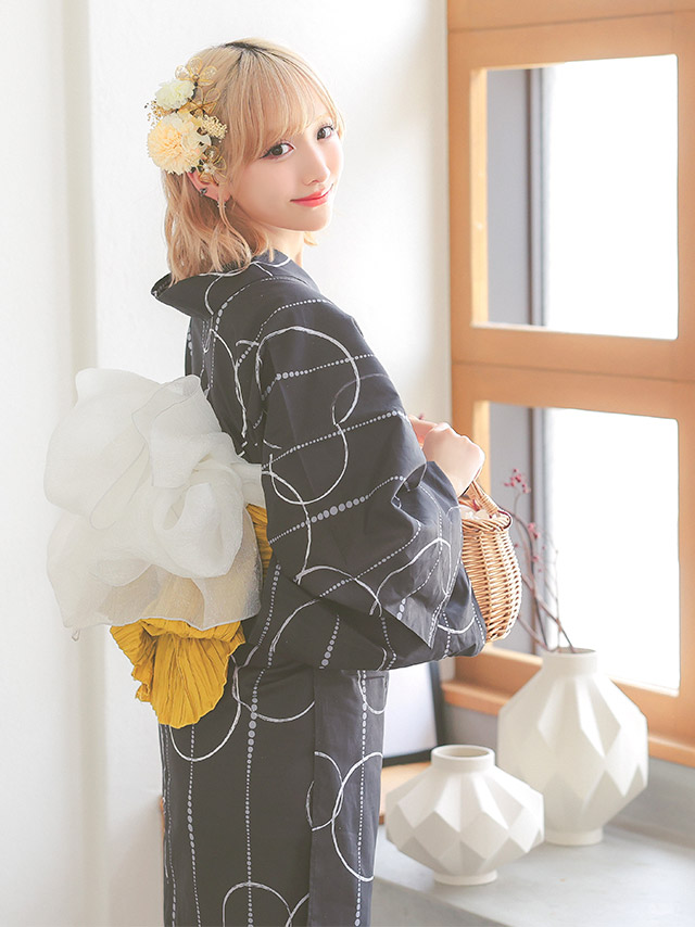 レトロ モダン サークル柄 ゆかた 3点セット