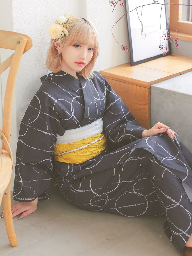 レトロ モダン サークル柄 ゆかた 3点セット