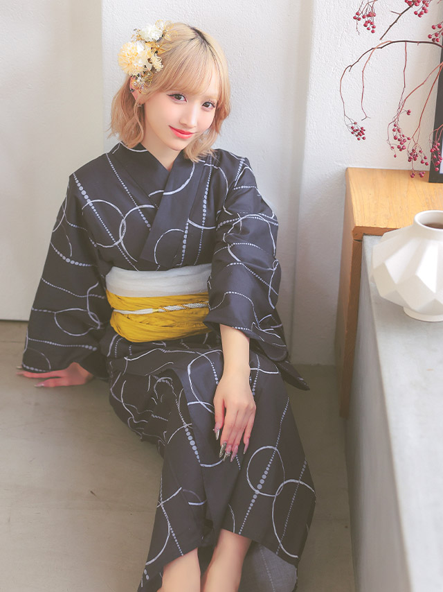 レトロ モダン サークル柄 ゆかた 3点セット