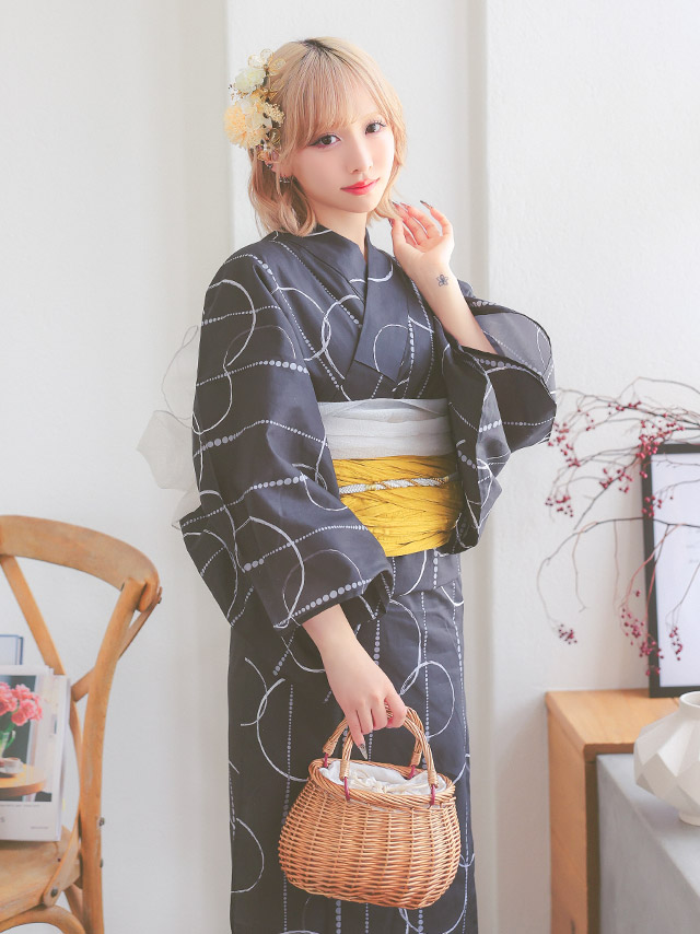 レトロ モダン サークル柄 ゆかた 3点セット