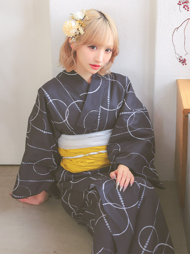 レトロ モダン サークル柄 ゆかた 3点セット