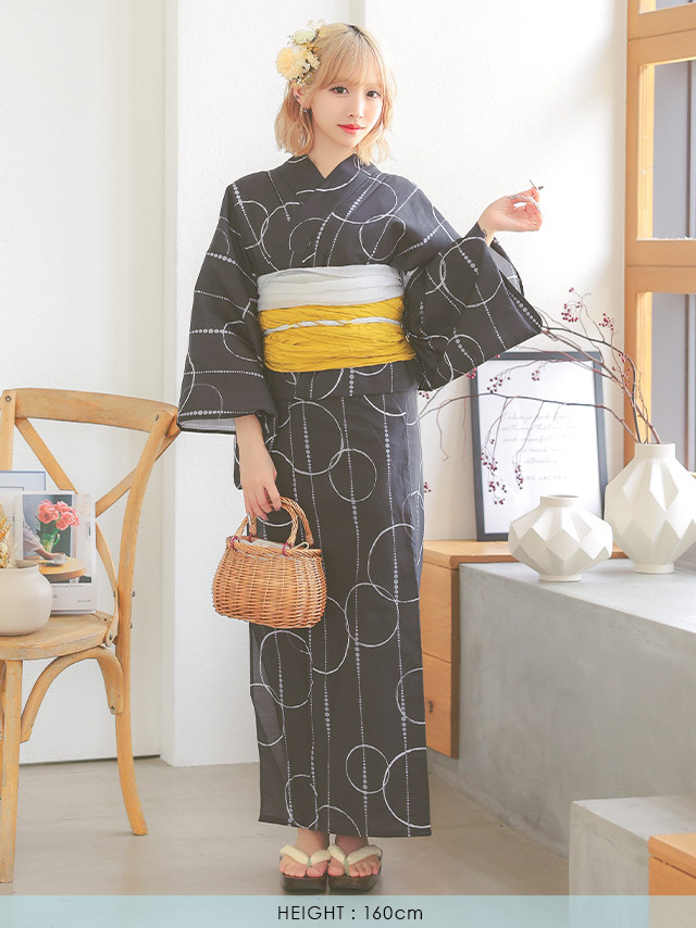 レトロ モダン サークル柄 ゆかた 3点セット