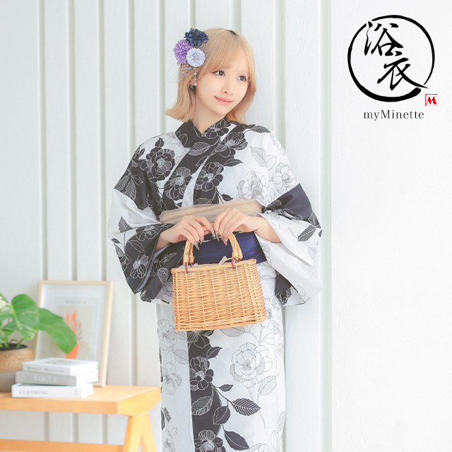 レトロ モノトーン 椿 ゆかた 3点セット