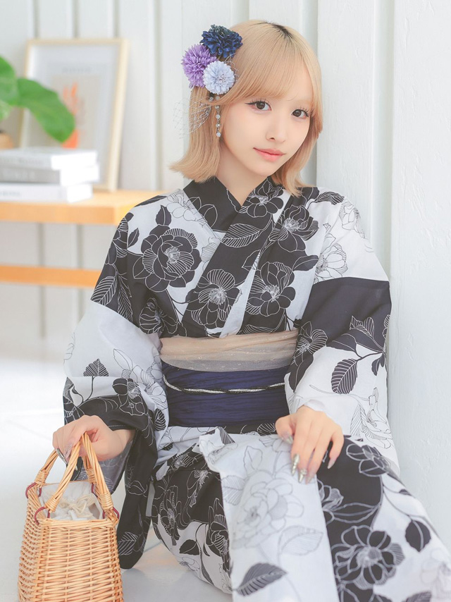 レトロ モノトーン 椿 ゆかた 3点セット