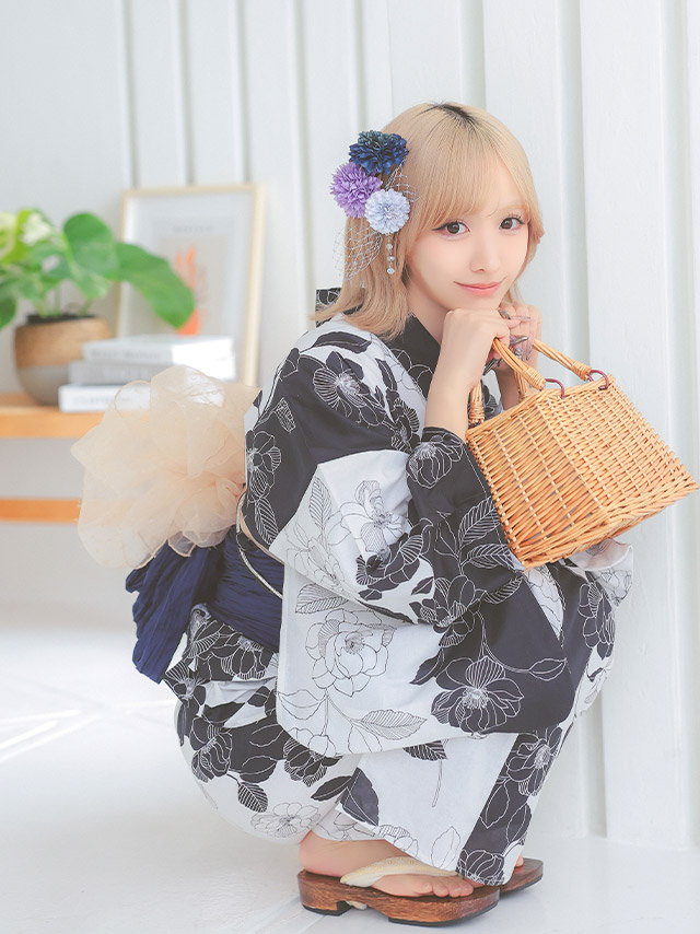 レトロ モノトーン 椿 ゆかた 3点セット