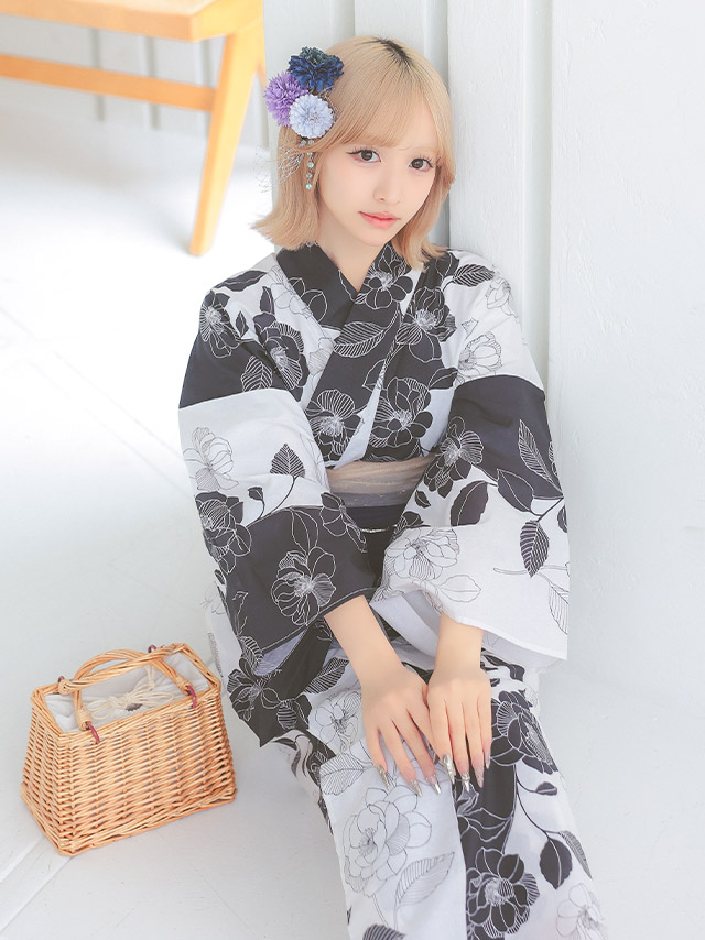 レトロ モノトーン 椿 ゆかた 3点セット