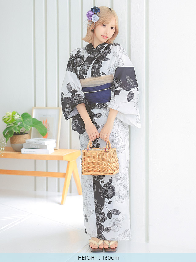 レトロ モノトーン 椿 ゆかた 3点セット
