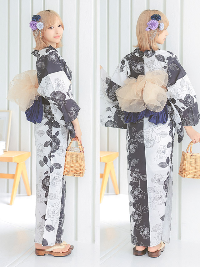 レトロ モノトーン 椿 ゆかた 3点セット