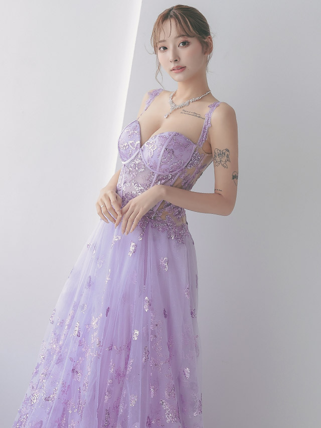 バタフライフラワーデザインキラキララメコルセットフレアロングドレス
